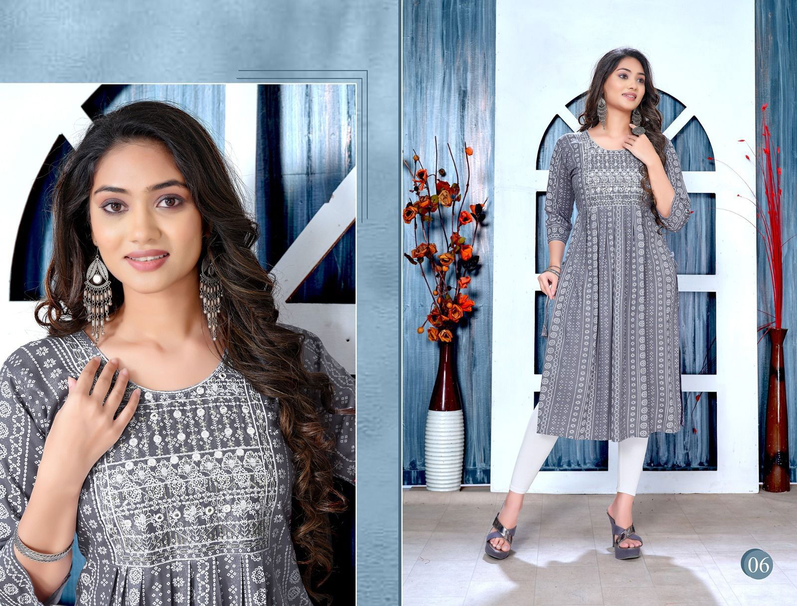 Golden Blissfull 2 Rayon Printed Flared Naira Cut  Kurti Catalog
